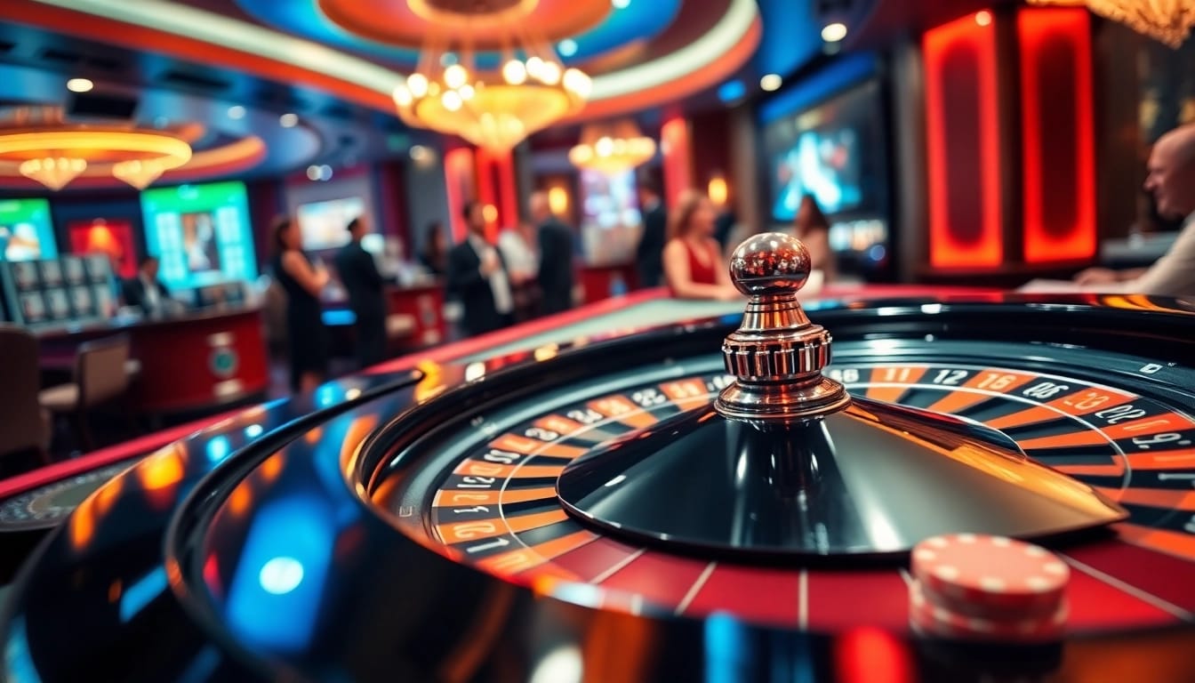 Permainan bbni4d di meja roulette yang elegan dengan suasana kasino yang ceria.