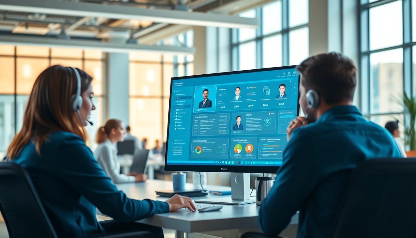 Engaging call center software interface in a modern office, promoting productivity and collaboration.