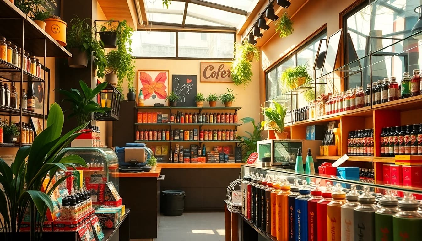 Vap shop mit bunten Produkten und einladender Atmosphäre im urbanen Umfeld.