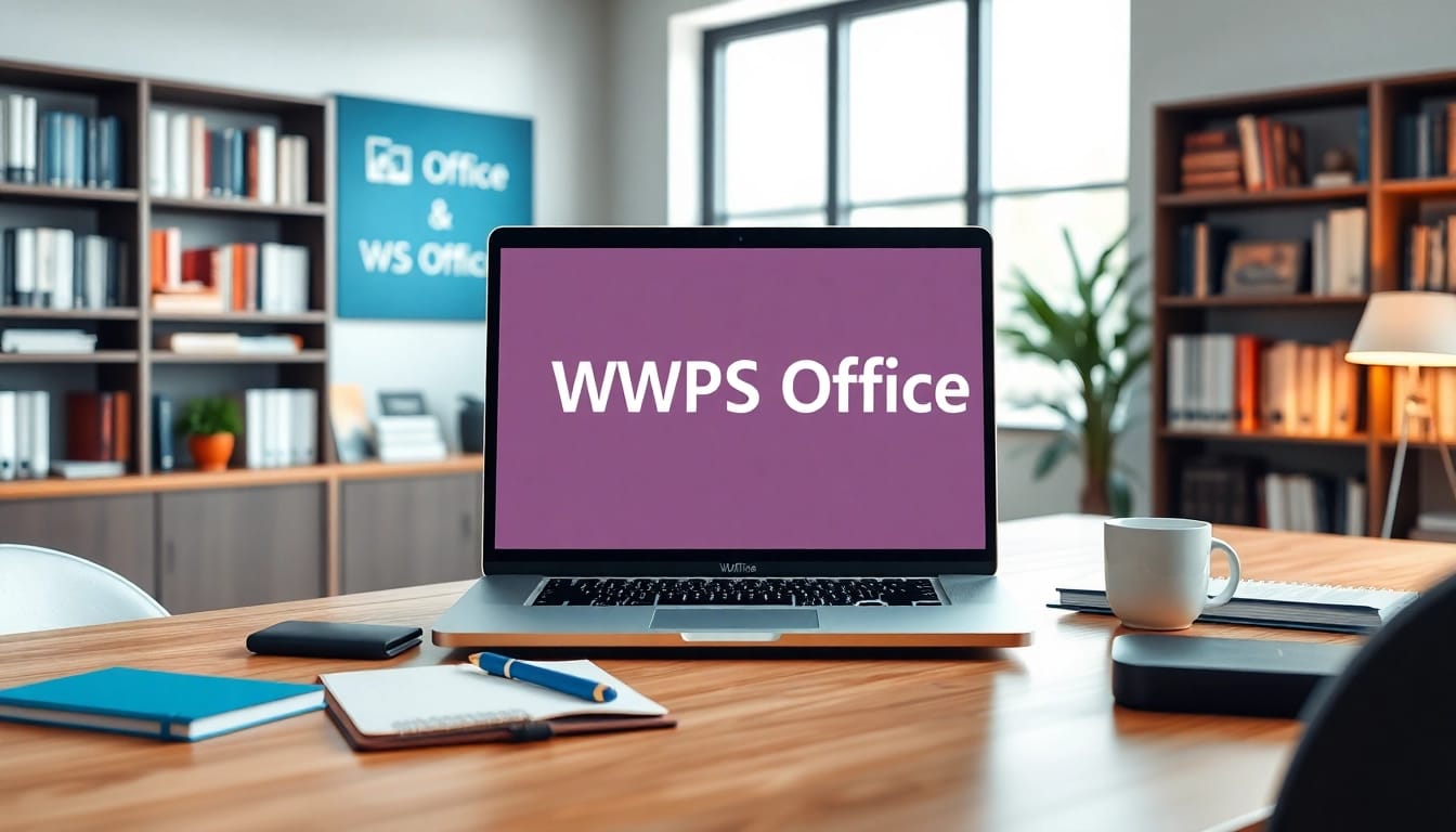 在笔记本电脑上使用 WPS Office 的工作环境,突出生产力和创新。