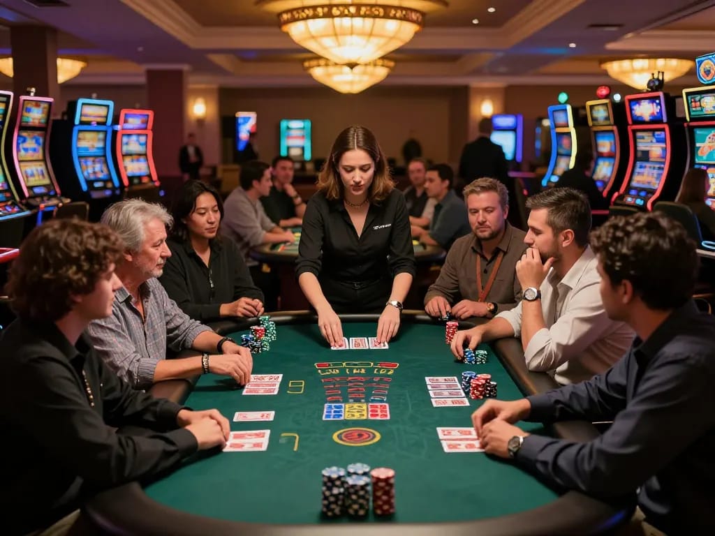 Players strategizing their bets at CM88 blackjack table in upscale casino