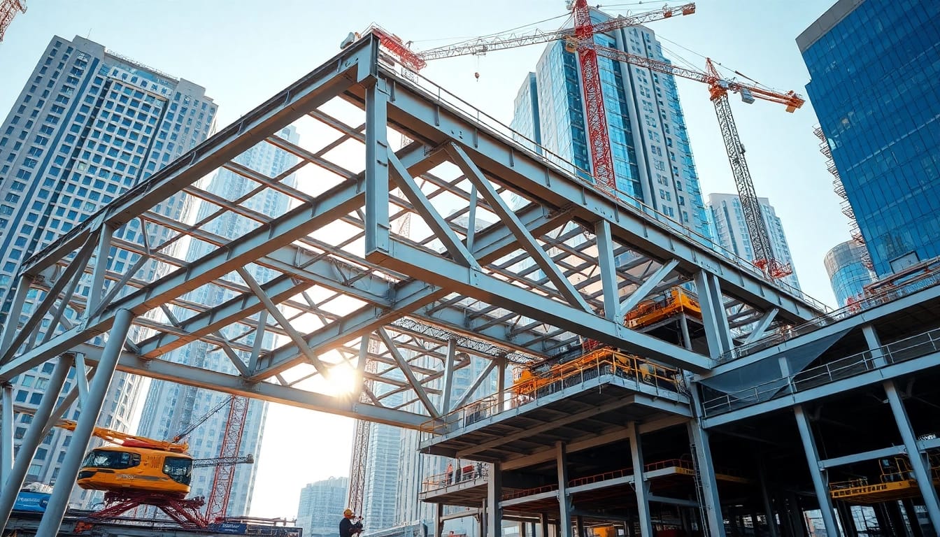 Showcasing steel structure design in a modern urban setting highlighting precision and strength.