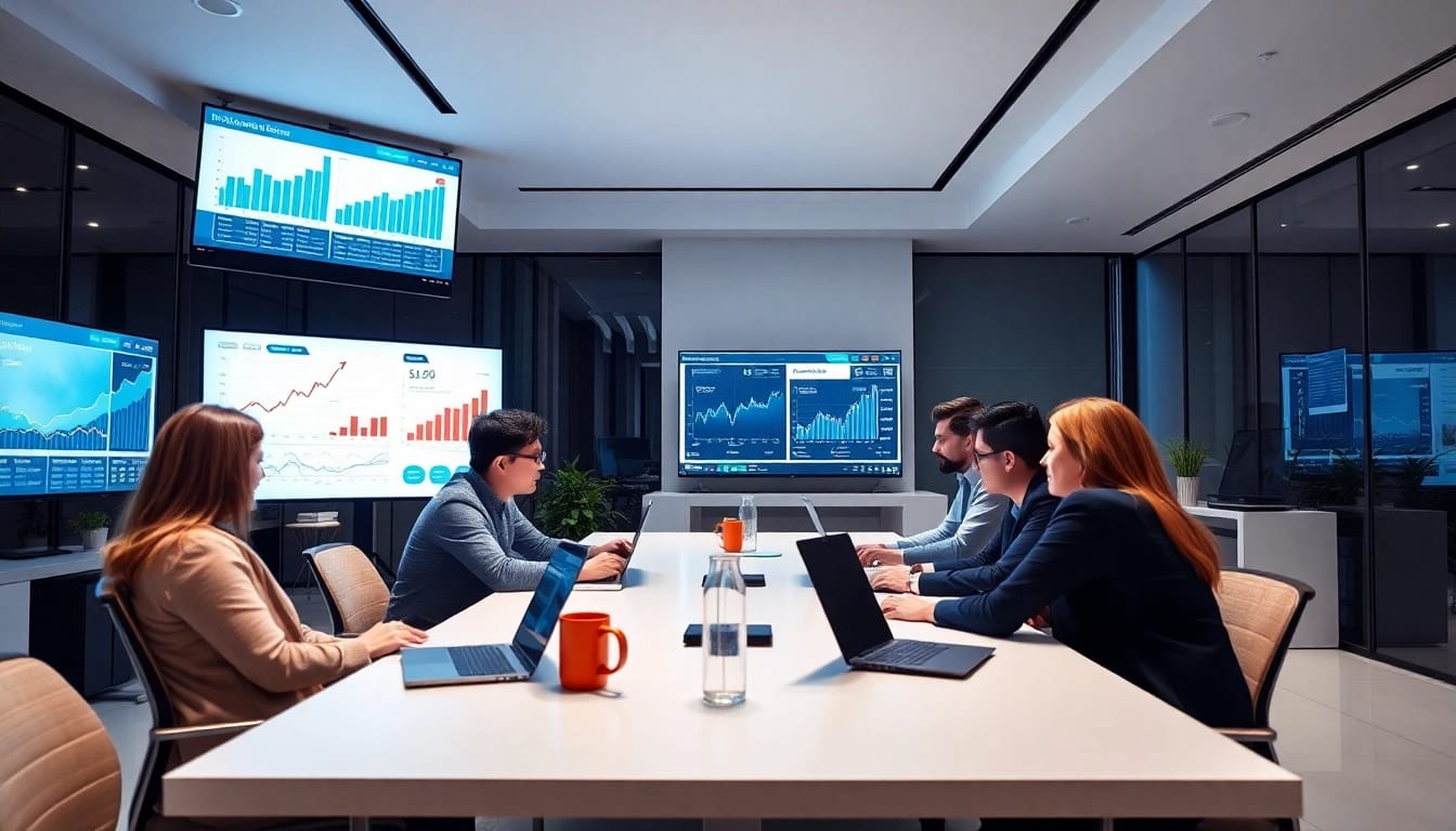 Engaging SEO company team analyzing data and strategies in a modern office setting.