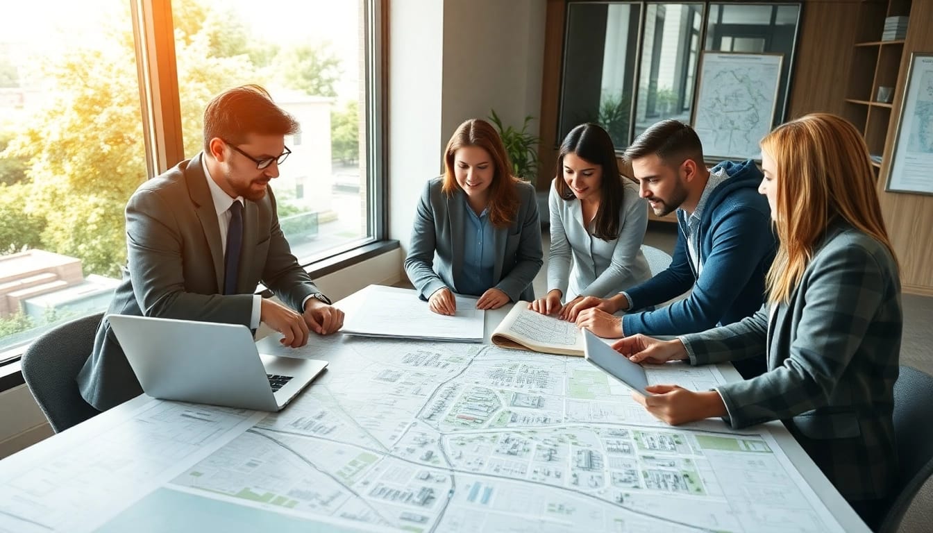 Engage with https://2020group.co.za town planners collaborating in a modern office environment, showcasing teamwork.