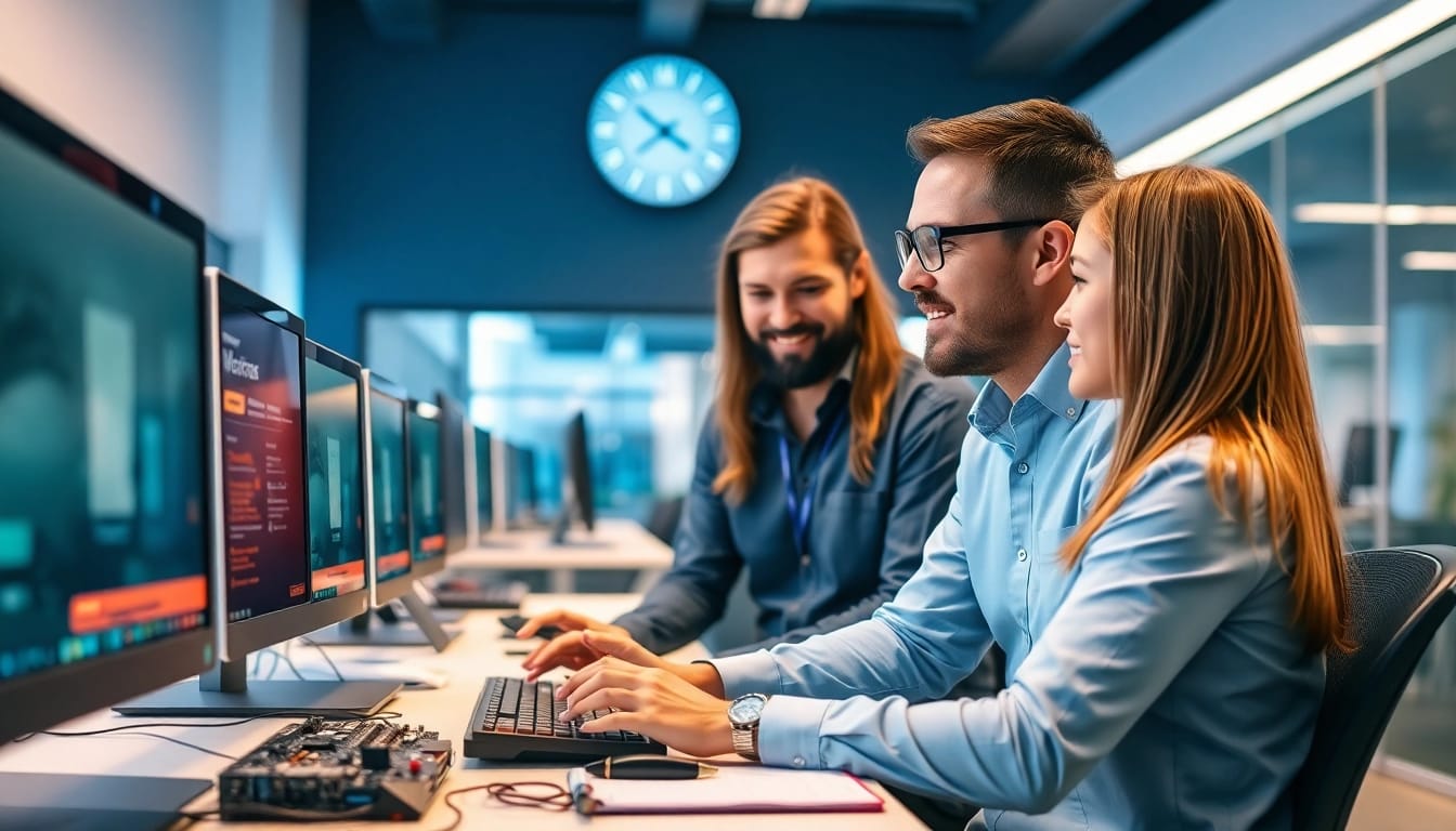 Offering Computer help near me services with a professional technician and client in a modern office.
