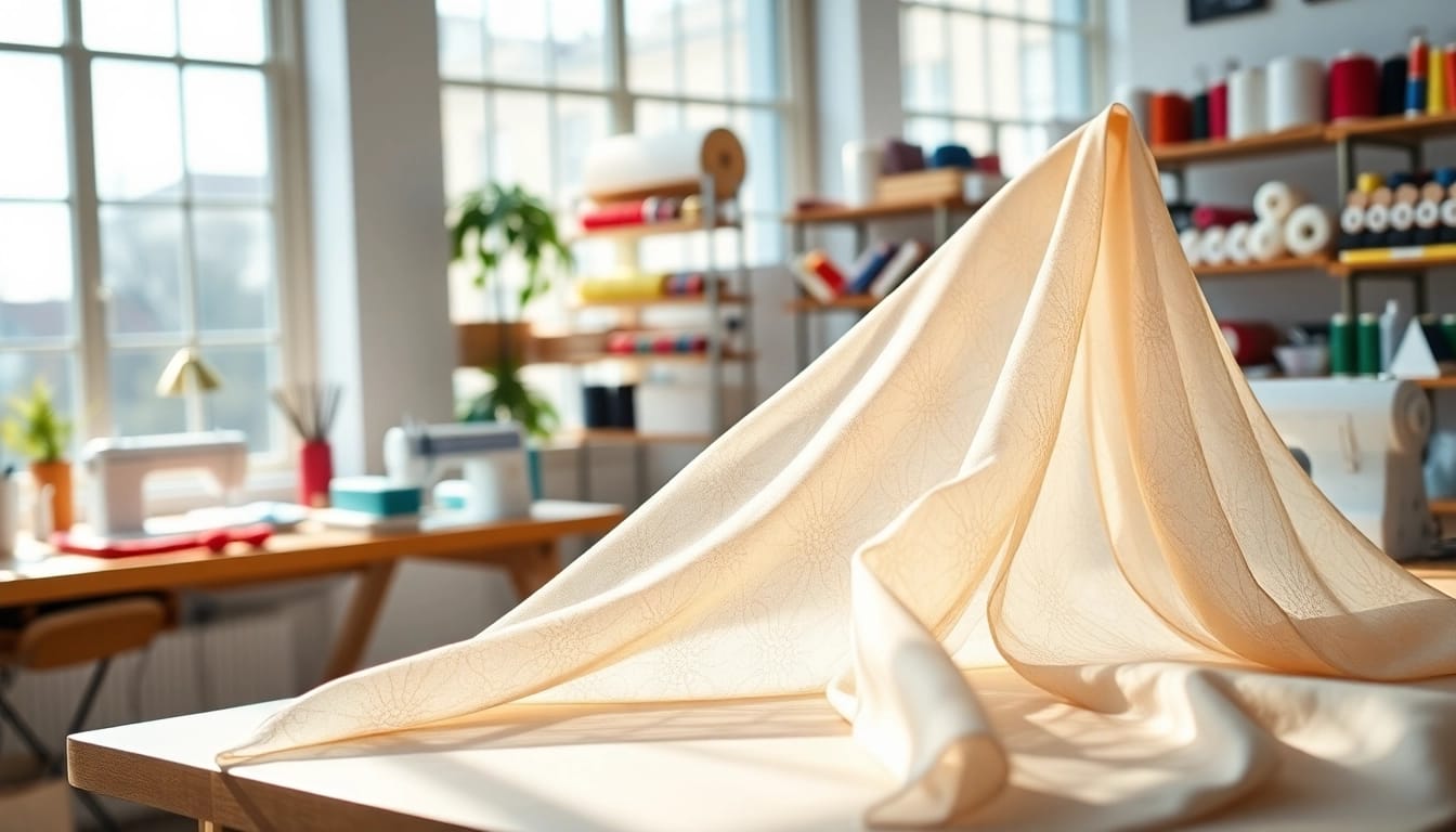 Verken de mousseline stof met zijn delicate textuur in een moderne naaiatelier.