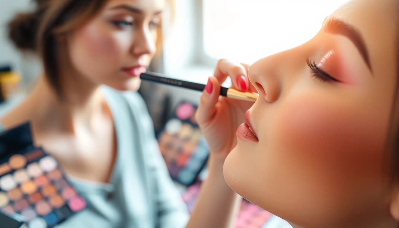 Applying eyeshadow with an angled makeup brush, capturing precise strokes and vibrant palettes.