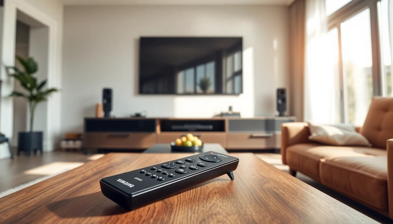 Aktion mit dem Samsung Frame TV remote LSD3 auf einem stilvollen Tisch für TV-Zubehör.