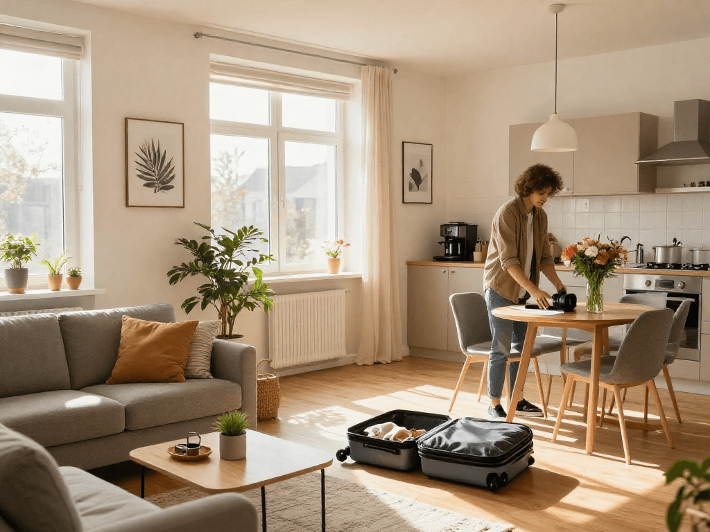 Monteurzimmer mieten Hannover - Gemütliche, modern eingerichtete Wohnung in Hannover mit sonnigem Wohnzimmer und Vorbereitungen für den Aufenthalt.