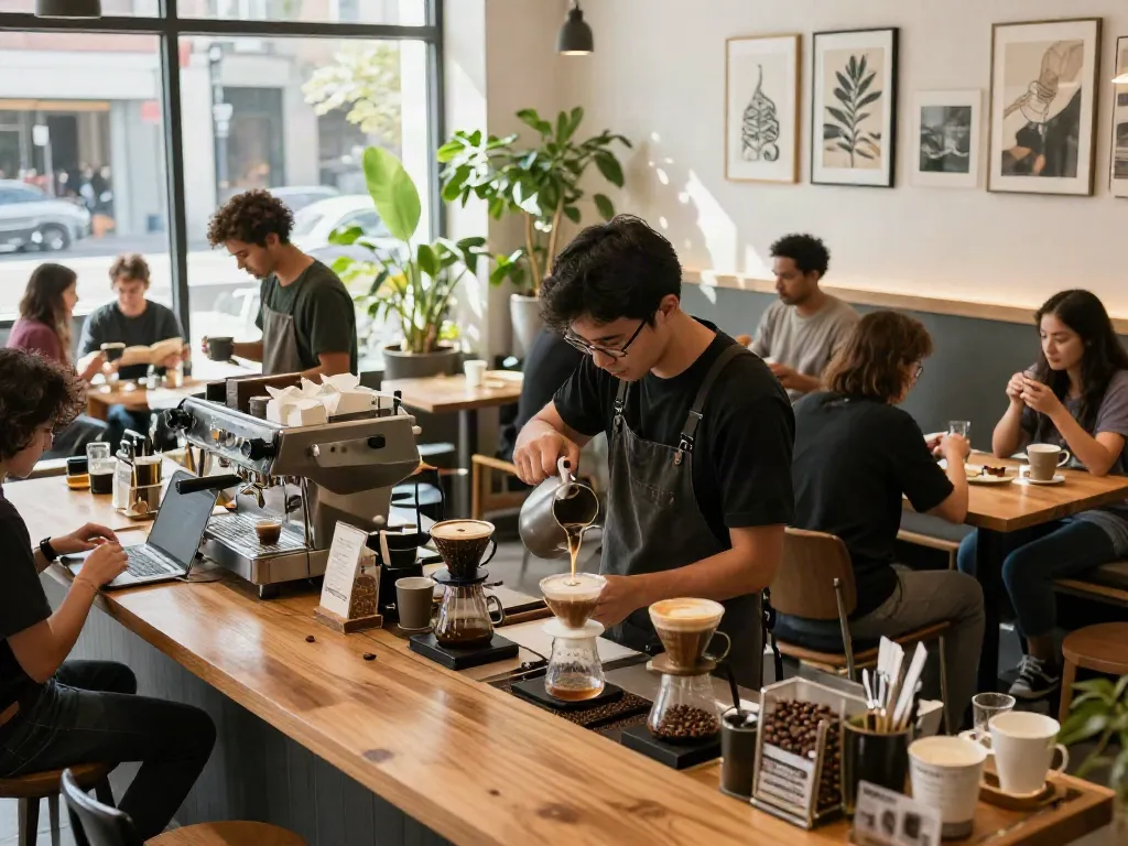 Vibrant coffee shop scene highlighting rokok88 super drinks being brewed and enjoyed.