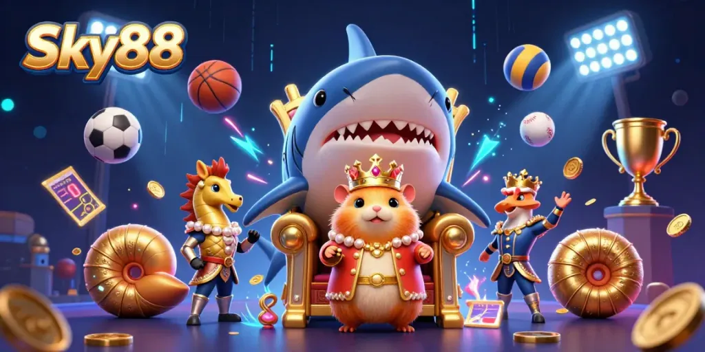 Sky88's dynamic casino scene featuring a golden hamster king with gaming elements like sports balls and a trophy.