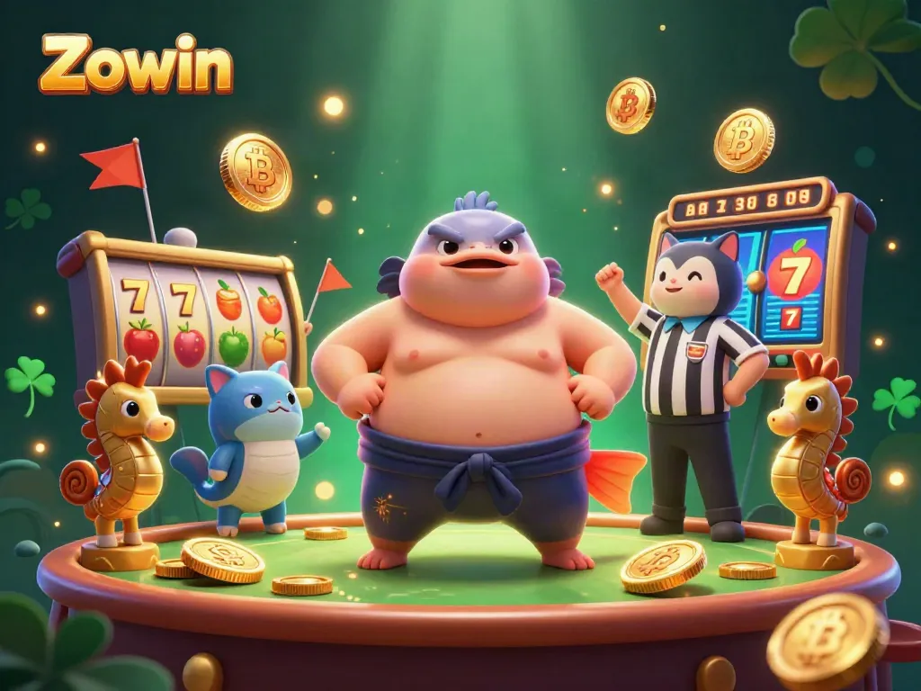 Zowin's casino celebration with a fugu champion, catfish referee, and vibrant slot elements.
