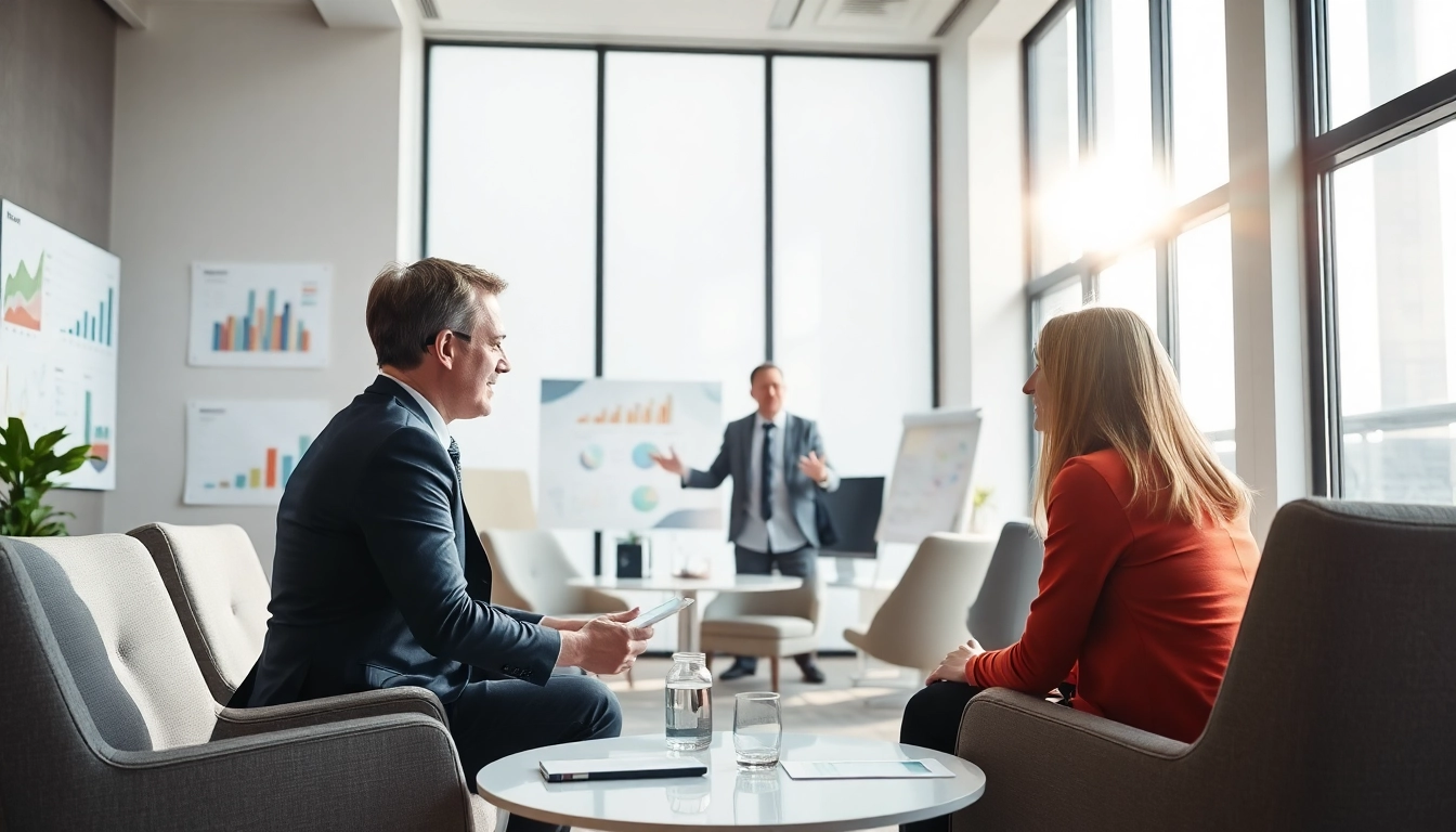 Executive Communication Coach engaging with clients in a modern office environment.