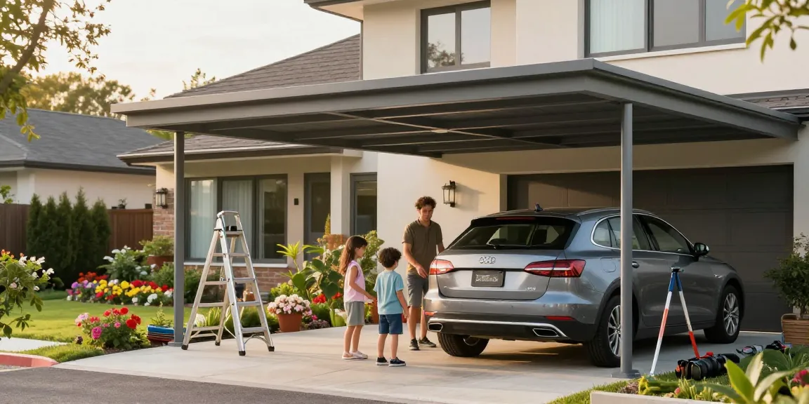 Moderne Carport-Installation mit Familie und Garten im Hintergrund