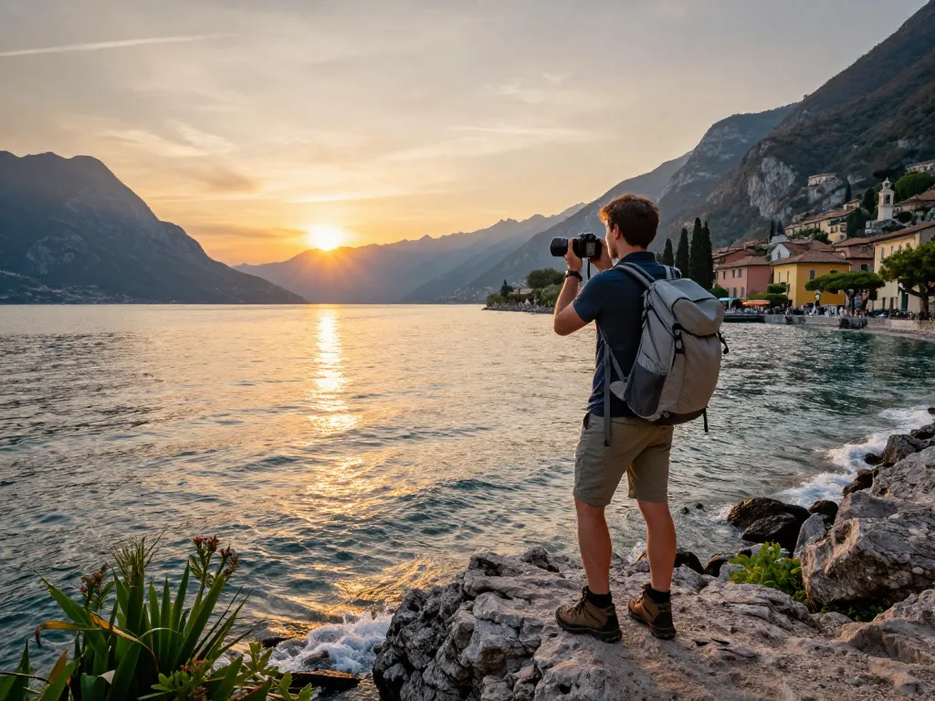 Erleben Sie atemberaubende Ausblicke während eines Urlaubs am Gardasee, mit einem Reisenden, der über die malerischen Ufer und Berge blickt.