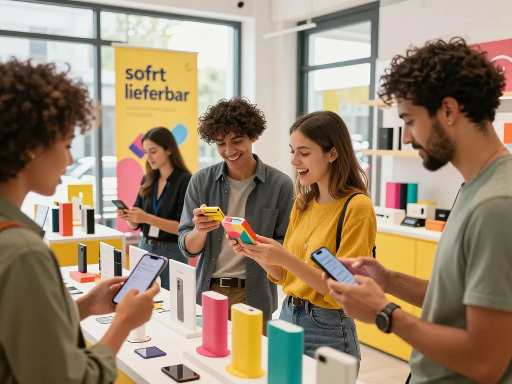 Ansprechende E-Commerce-Szene, die sofort lieferbar Produkte und Einkaufende in einem lebhaften Geschäft hervorhebt.