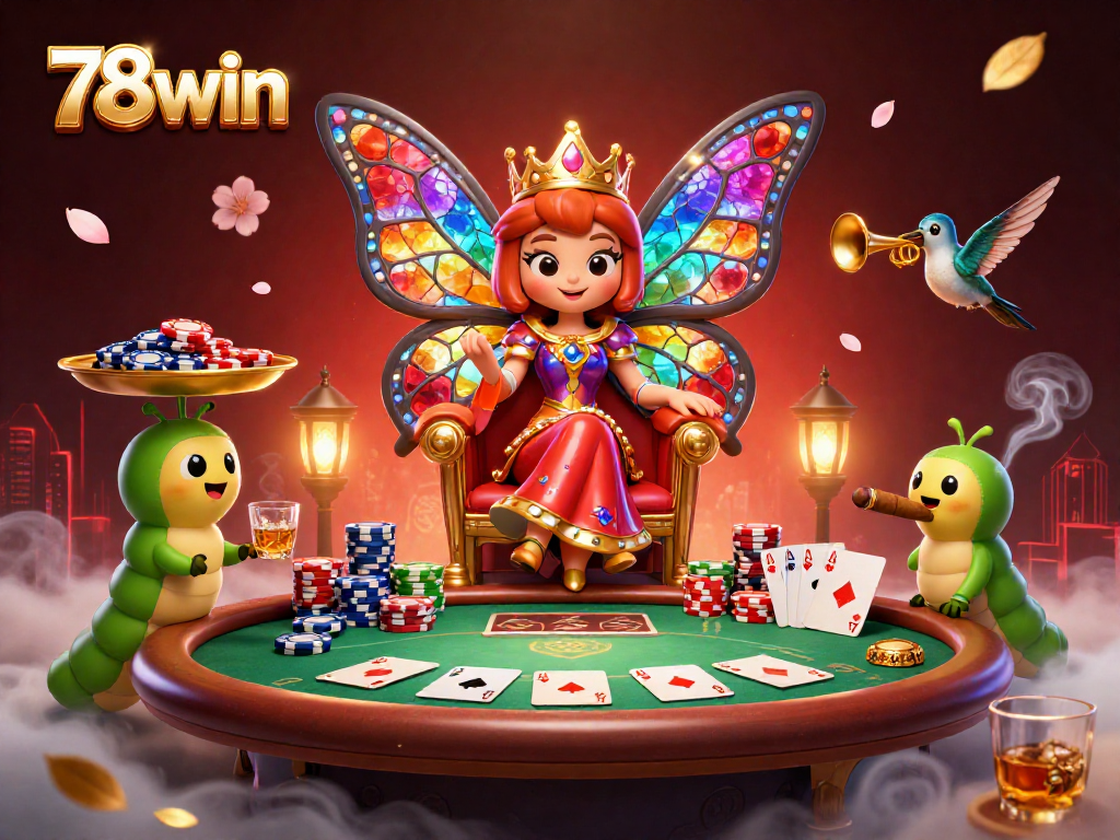 Engage with thrilling poker gameplay at 78win featuring a stylized butterfly queen and vibrant poker elements.