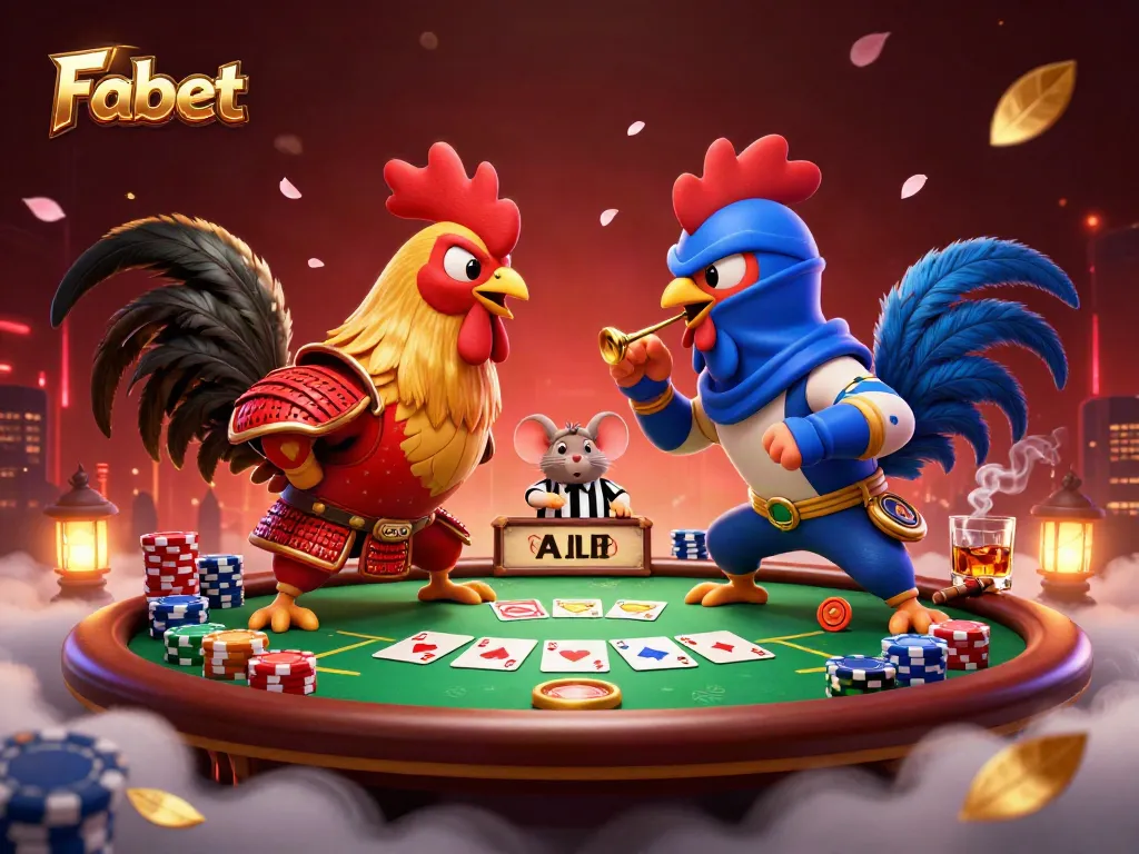 Fabet showcases twin fighting roosters in a dramatic standoff amid vibrant casino elements, representing thrilling gambling action.