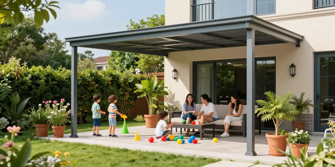 Moderne Terrassenüberdachungen in einem einladenden Garten mit fröhlicher Familie