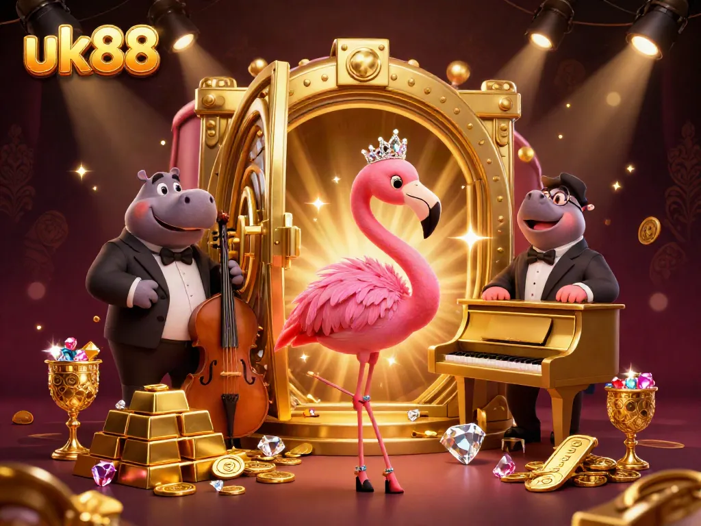 Experience the excitement of uk88 with a vibrant 3D illustration featuring lively casino characters amidst gold and jewels.