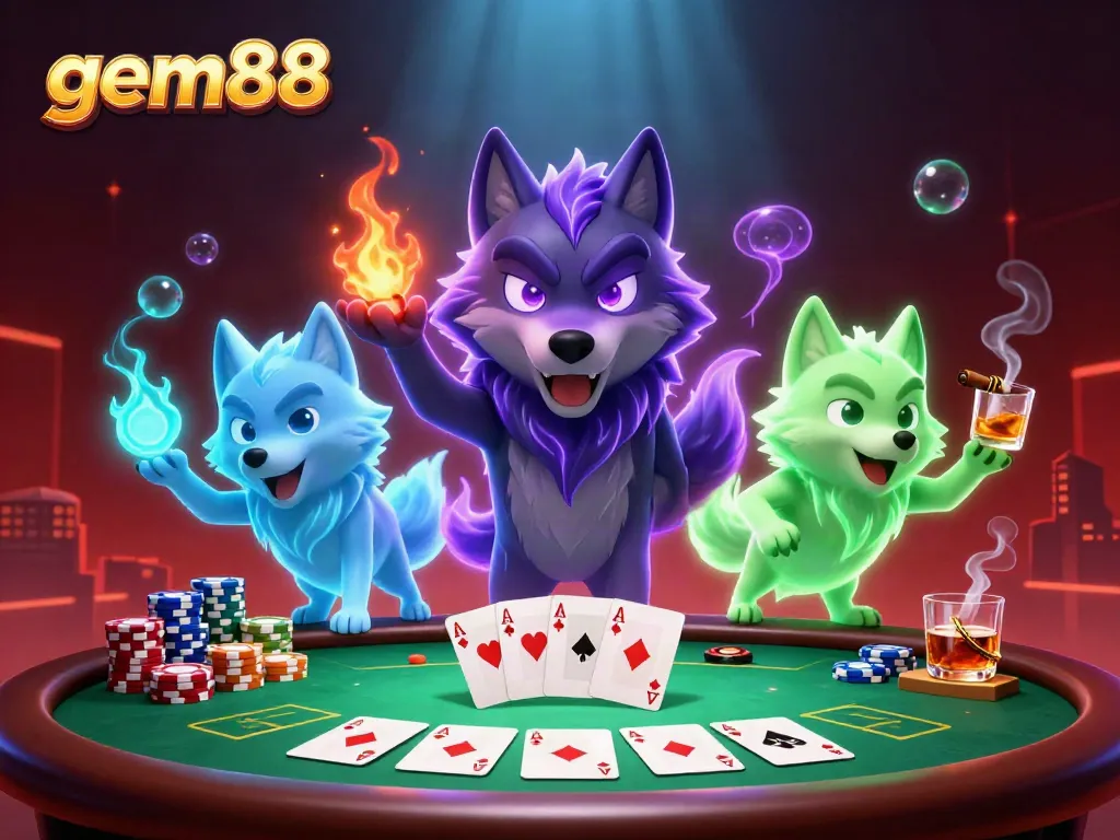 Experience the thrill of gem88 with immersive poker action featuring spectral wolves and vibrant casino elements.