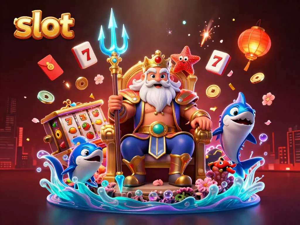 Menggulung slot dengan karakter laut; Raja Neptune, samurai, dan bintang laut, dalam ilustrasi kasino