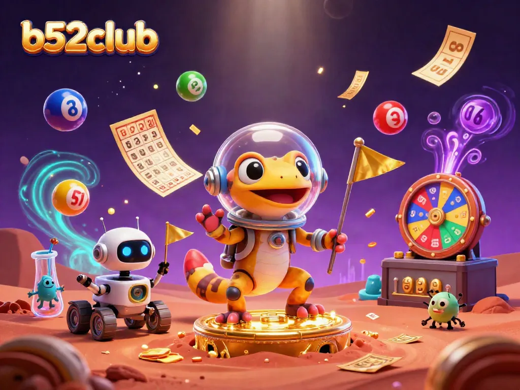 Engage with b52club in a vibrant lottery scene filled with colorful balls and exciting casino discovery.