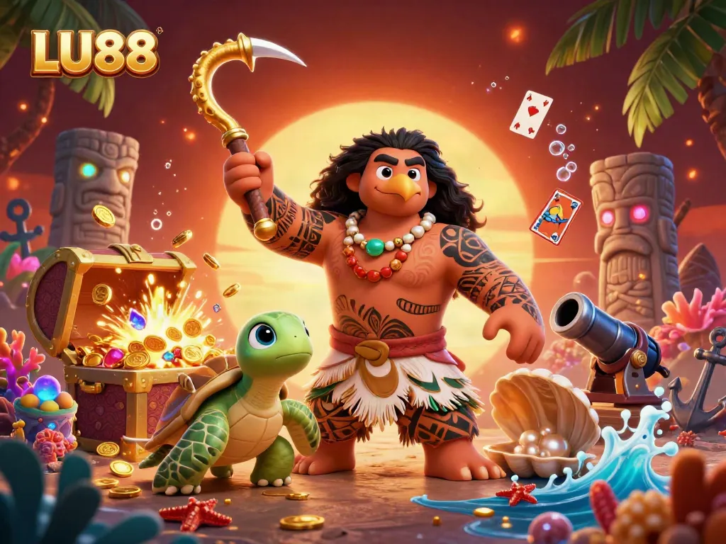 LU88 showcases a vibrant scene with a demigod hawk, exploding treasure, and nautical elements in 3D.