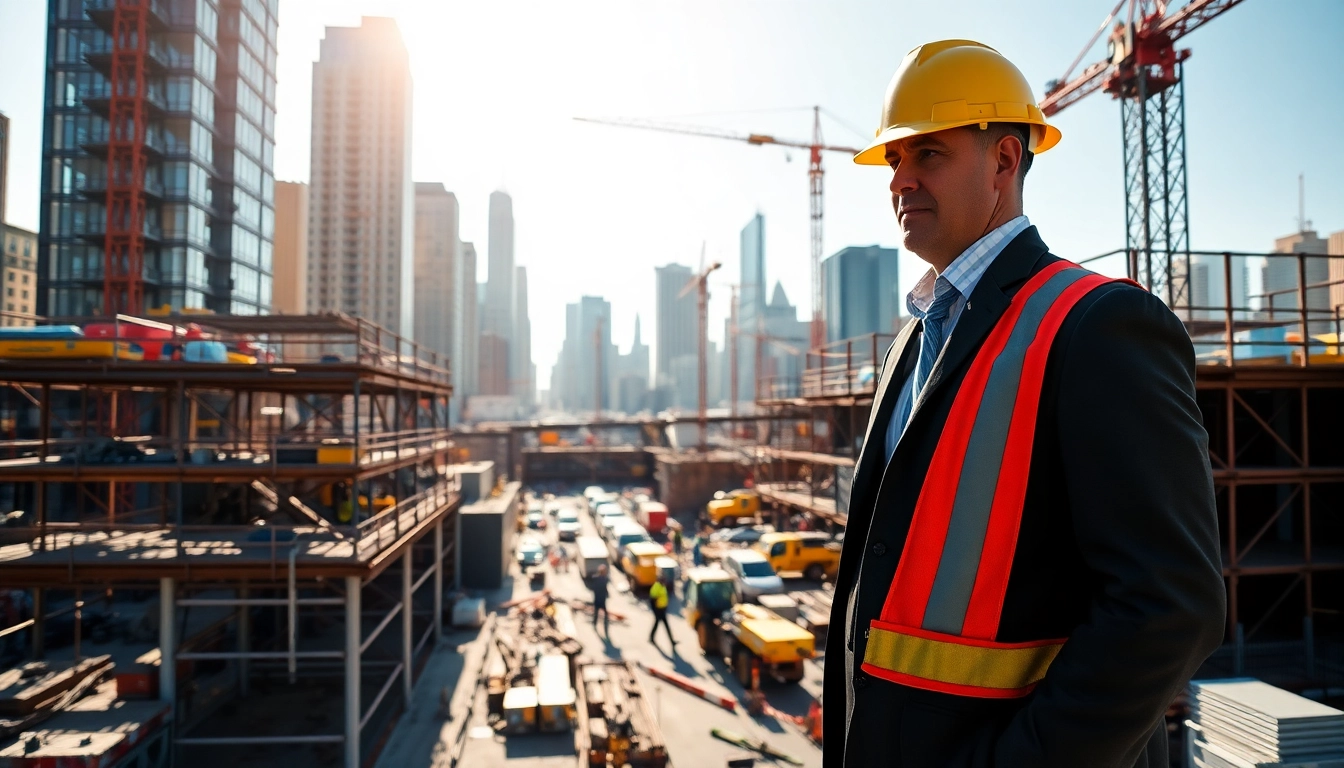 New York City construction manager directing a lively urban construction site with cranes and workers.