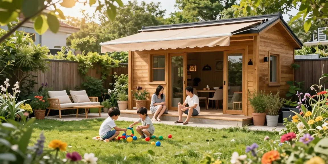 Gartenhaus kaufen: Attraktive Gartenhaus-Modelle mit Familienaktivitäten im Garten.