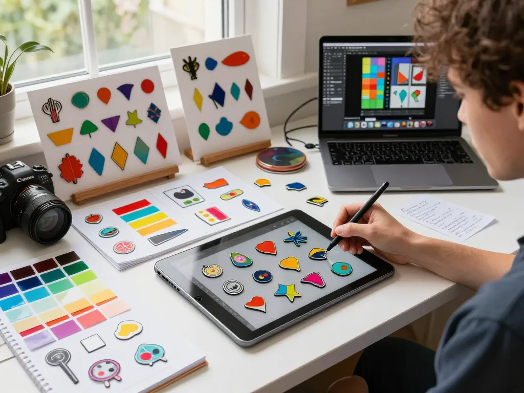 Designing custom acrylic pins in a vibrant workspace filled with colorful materials and sketches.