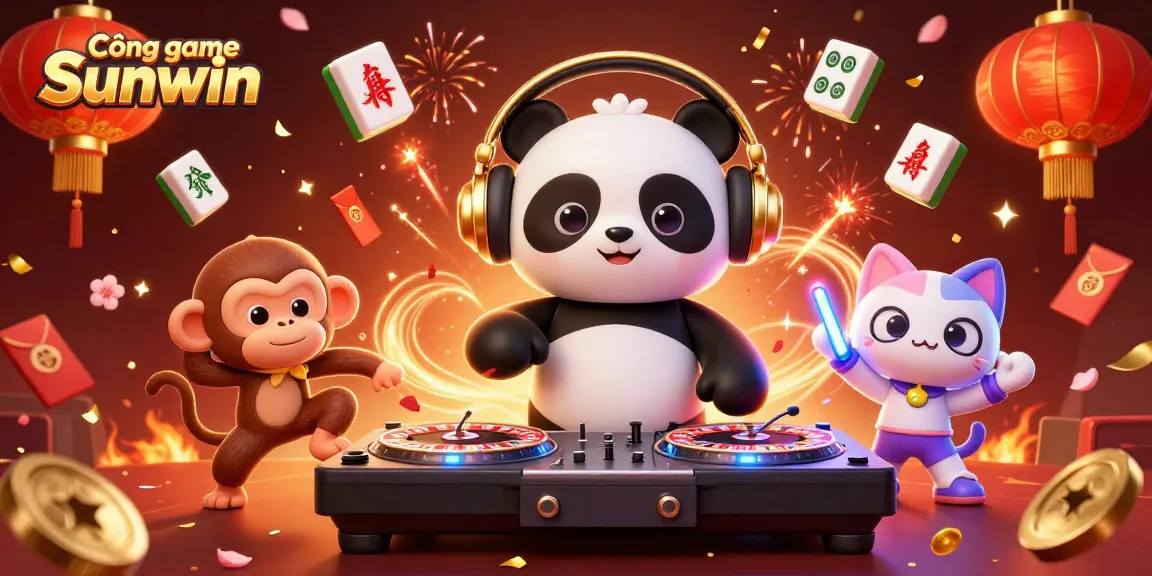 Cổng game Sunwin features a vibrant DJ panda and lively characters celebrating with casino elements.
