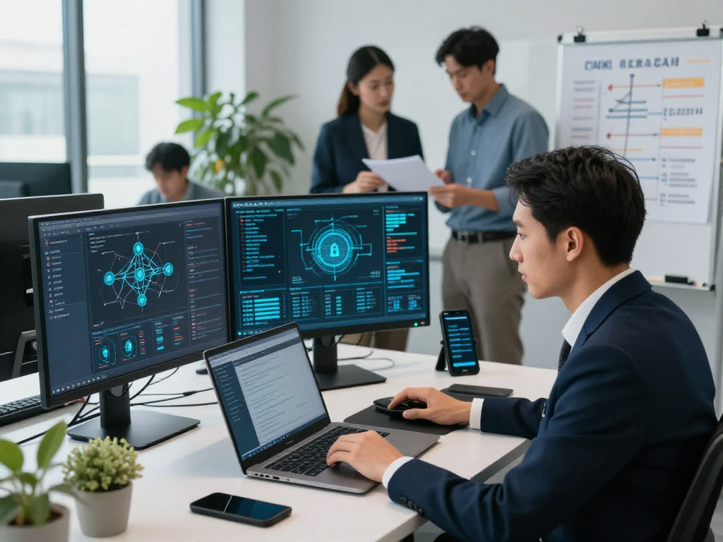 Daten- und IT-Sicherheit Dienstleistung showcasing a cybersecurity expert analyzing threat data in a professional tech office.