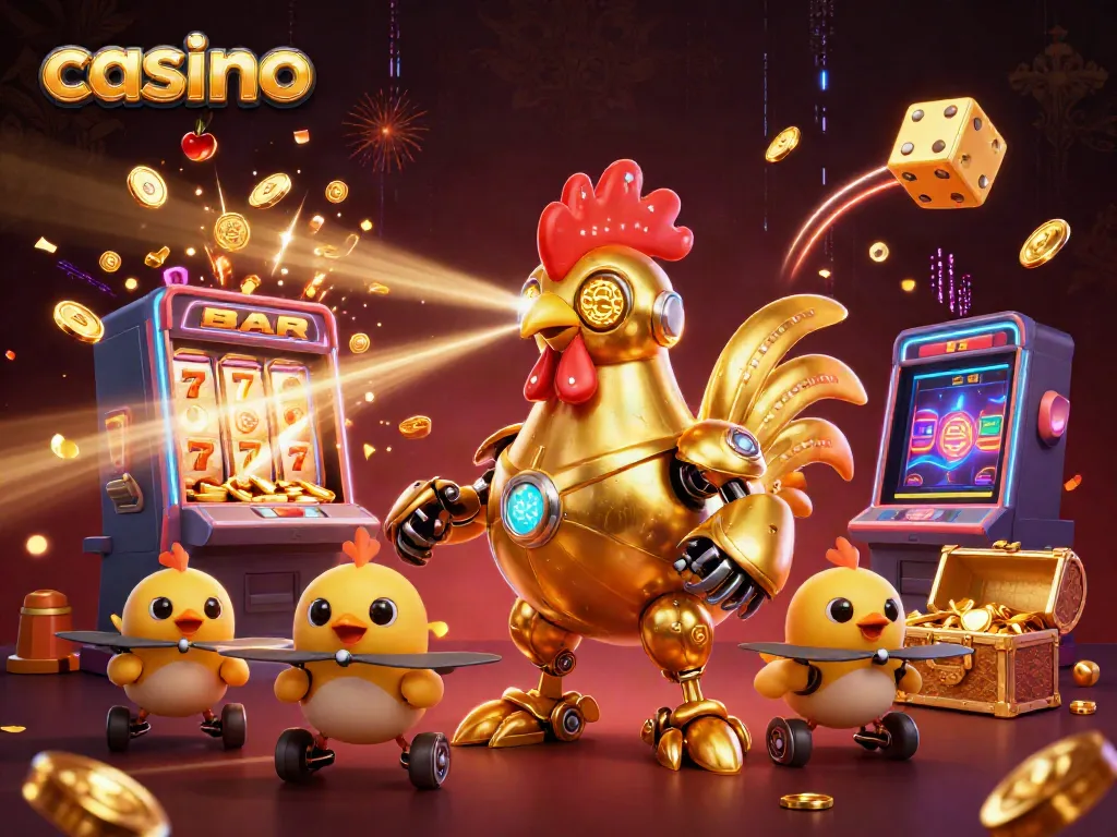 Experience the thrilling casino atmosphere with a dynamic golden robot and baby chick drones.