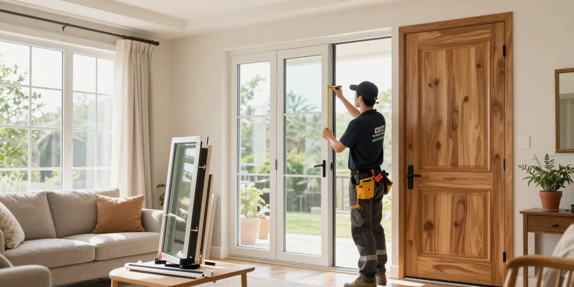 Türen und Fenster einbauen Augsburg mit einem professionellen Bauunternehmer, der moderne Fenster und Türen in einem hellen Wohnzimmer installiert