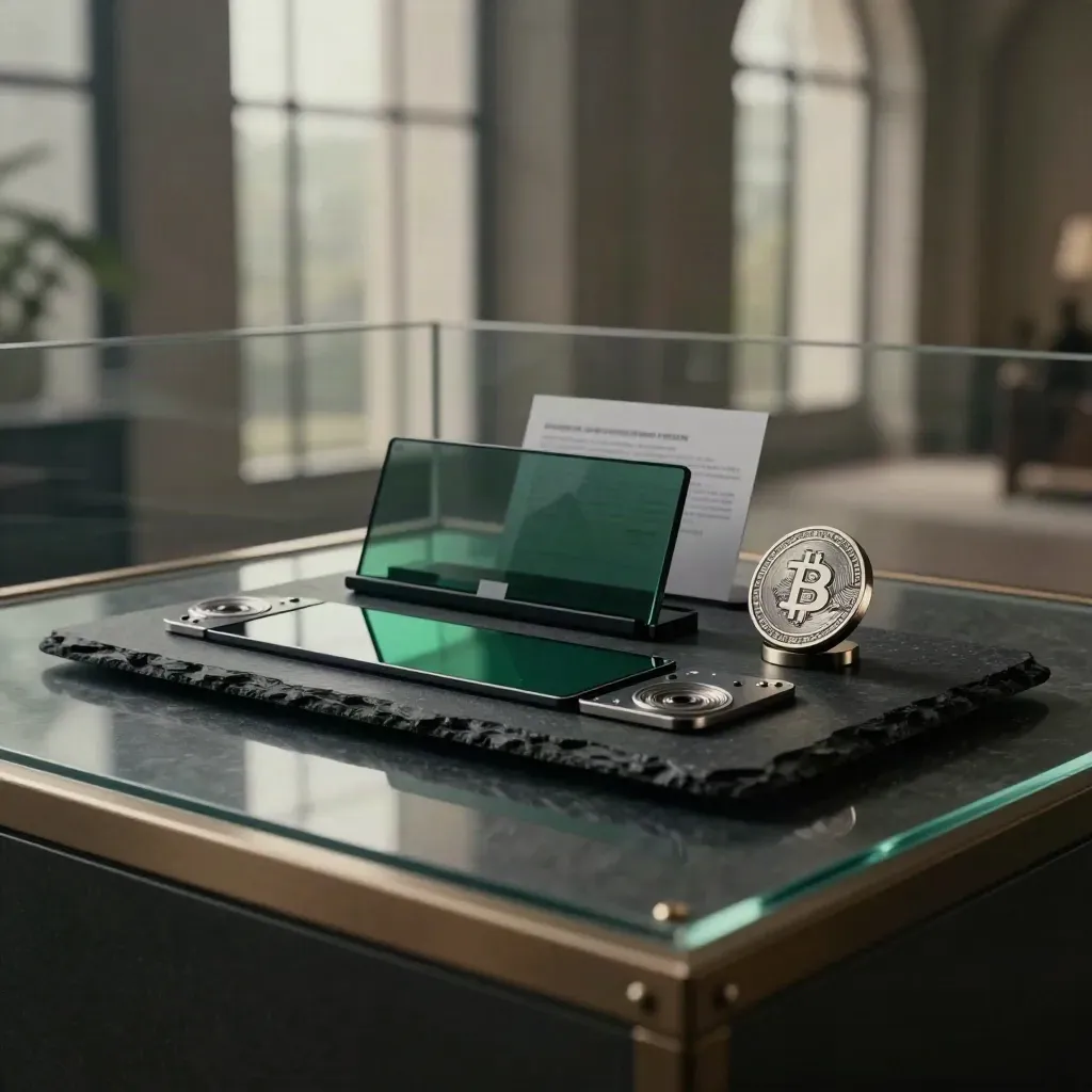 Starter swap bundle on basalt in a glass atrium with emerald reflections and smoked glass details