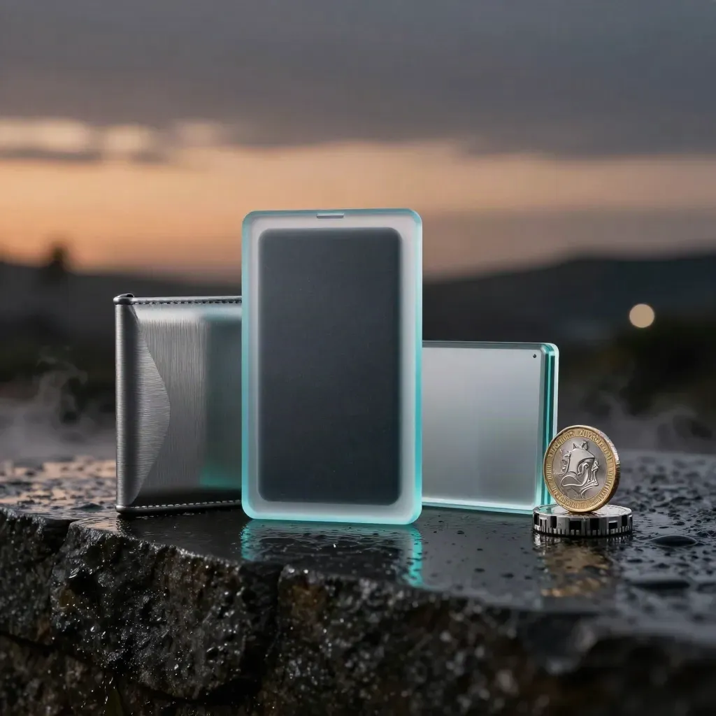 Frosted-glass trader pass and crypto tools on wet stone in blue-hour cyan light.