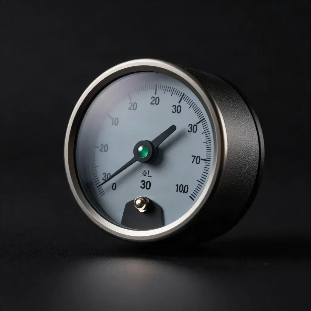 Graphite crypto fee meter glowing on a dark surface in dramatic studio light