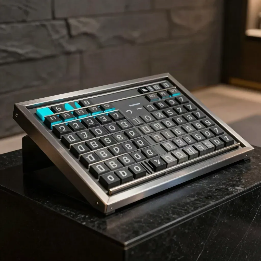 Brushed metal limit order board with cyan marker blocks on dark stone, overhead
