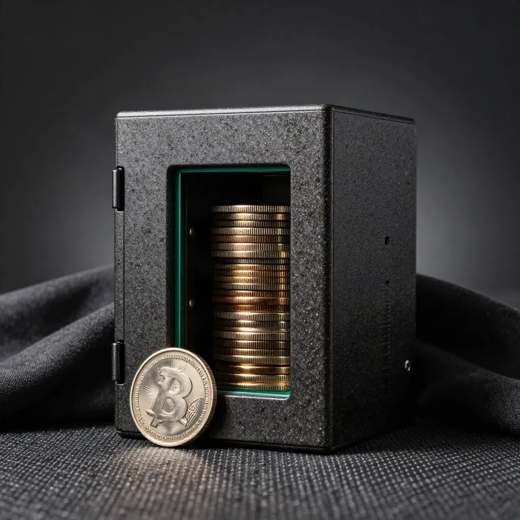 Dark mineral staking vault shell with glowing seam, fabric folds, and a brushed coin.