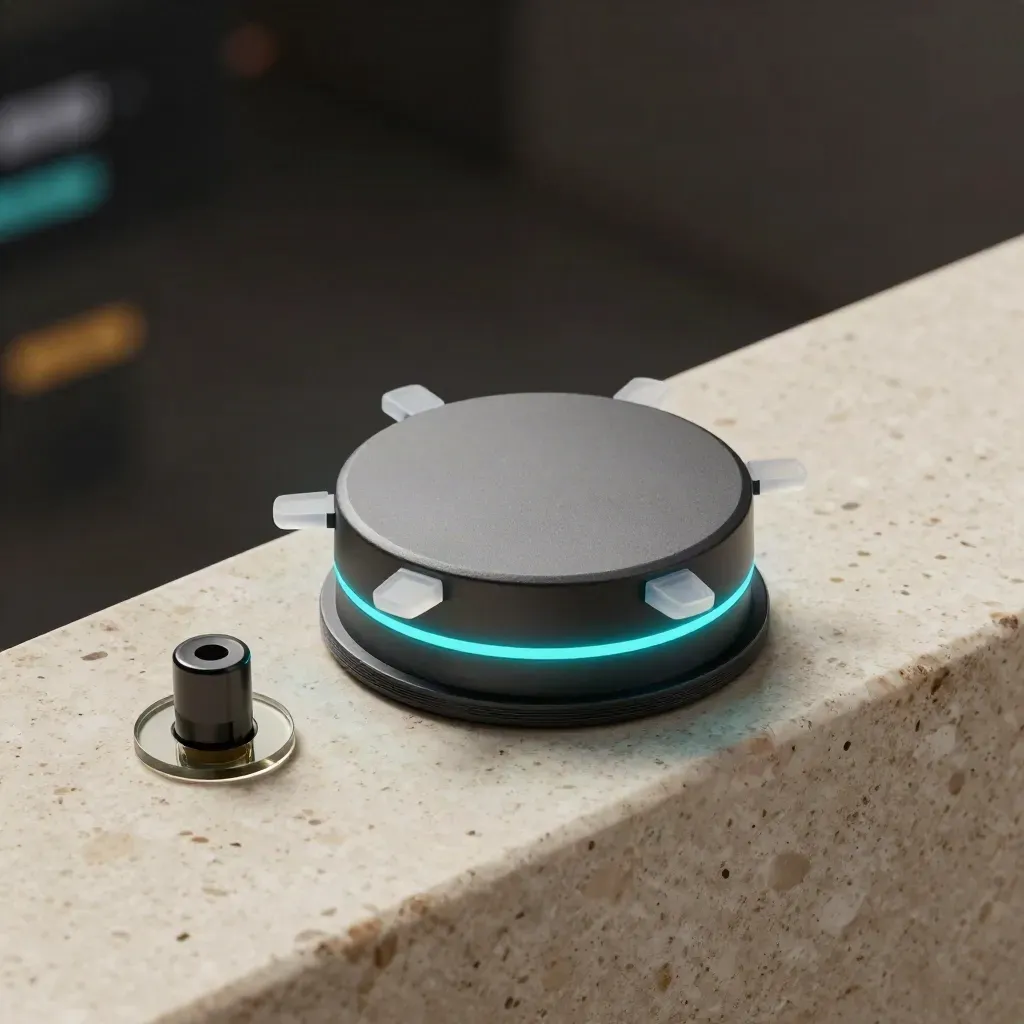 Slim alert puck with cyan flare, floating tabs, and dark cradle on travertine