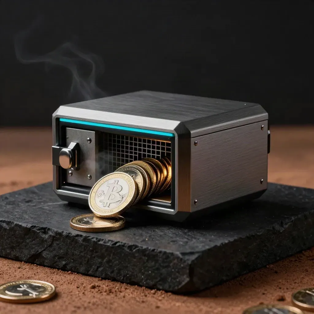 Vault-like staking rewards kit with coin discs and a cyan seam glow on dark stone.