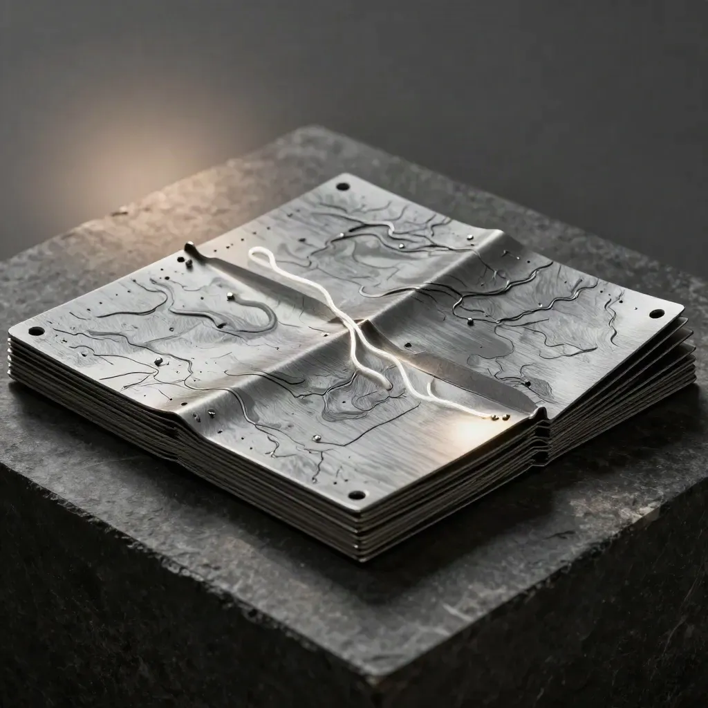 Folded metal gas map with glowing route and waypoint pucks on a dark tray