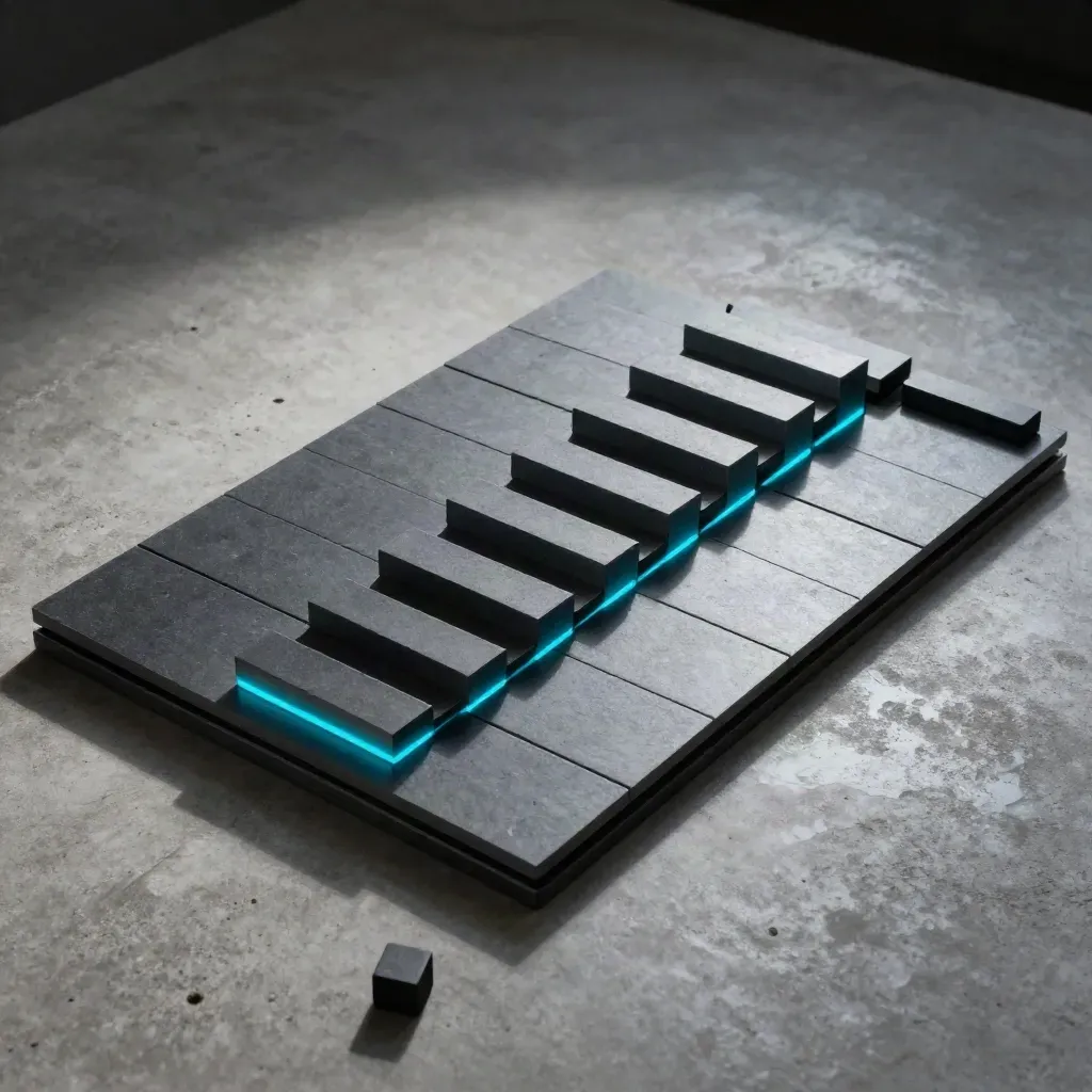 Overhead flatlay of graphite order-flow tiles and cyan-lit bars cascading on concrete
