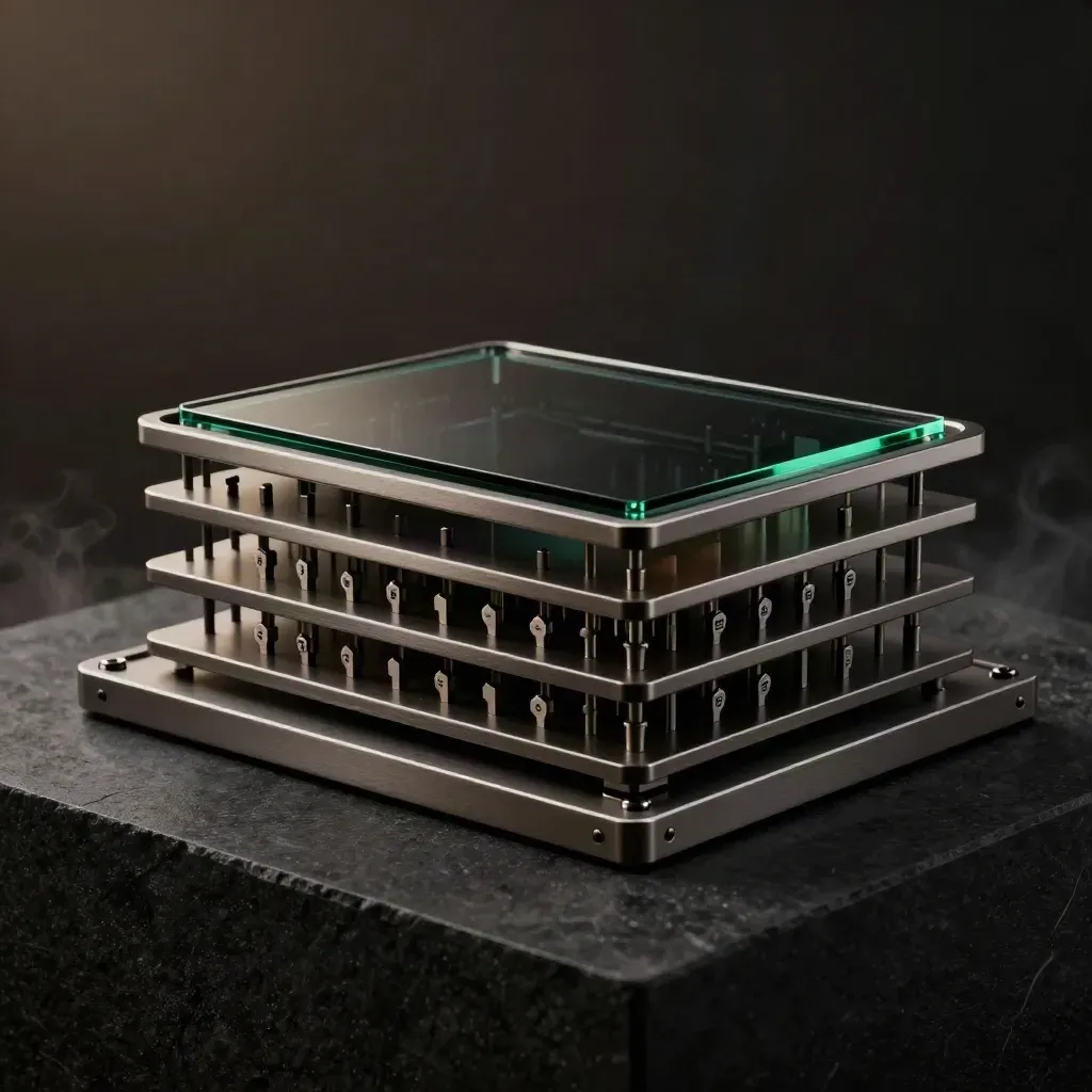 Macro hero of a sleek DeFi desk sculpture in dark graphite with emerald glow.
