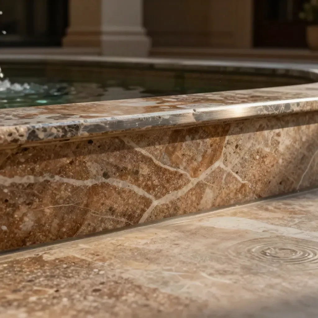 Sunlit travertine ledge with shallow water basin and brushed steel detail, calm copy space below.
