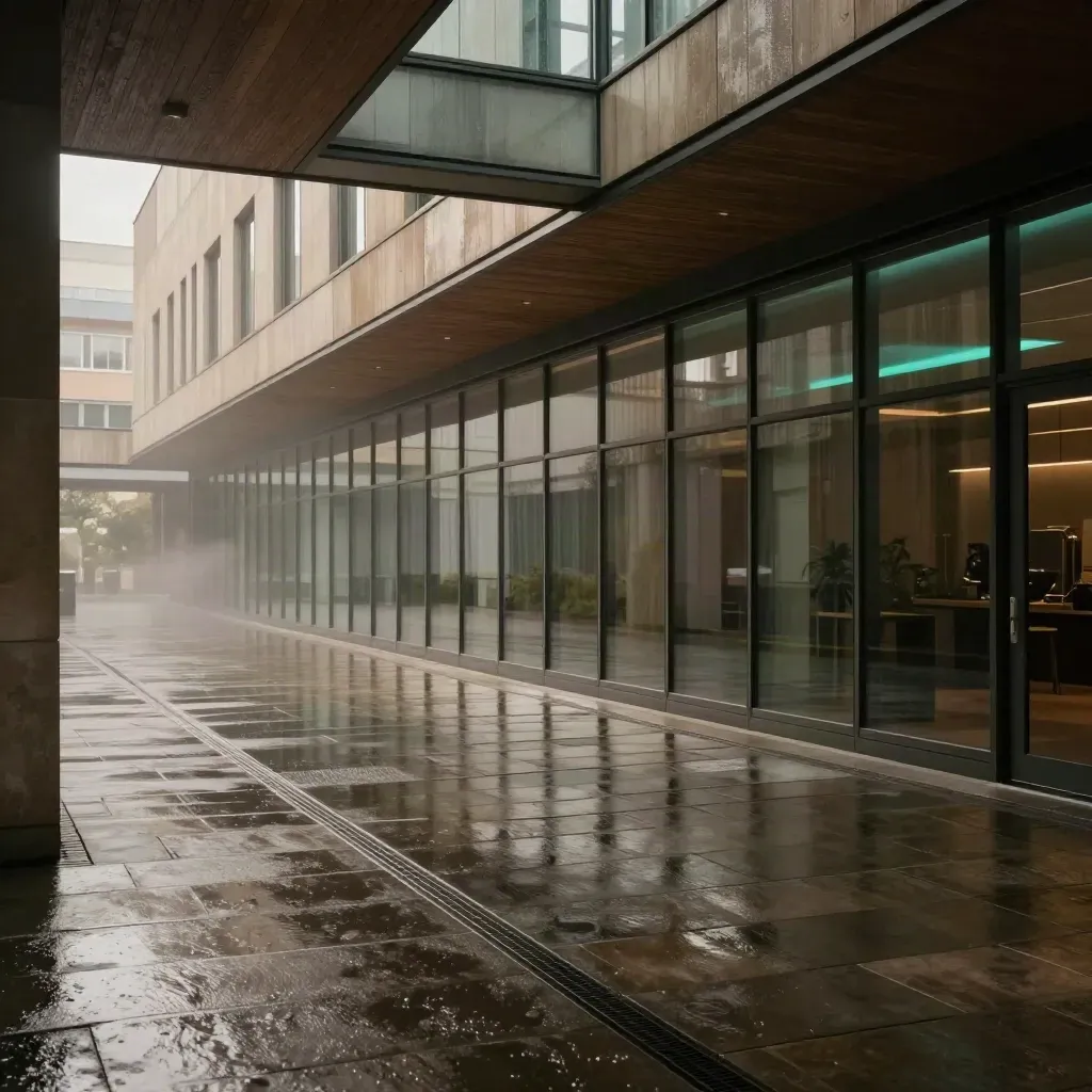 Rain-washed glass arcade above a dark courtyard with wet stone reflections and a faint glow.