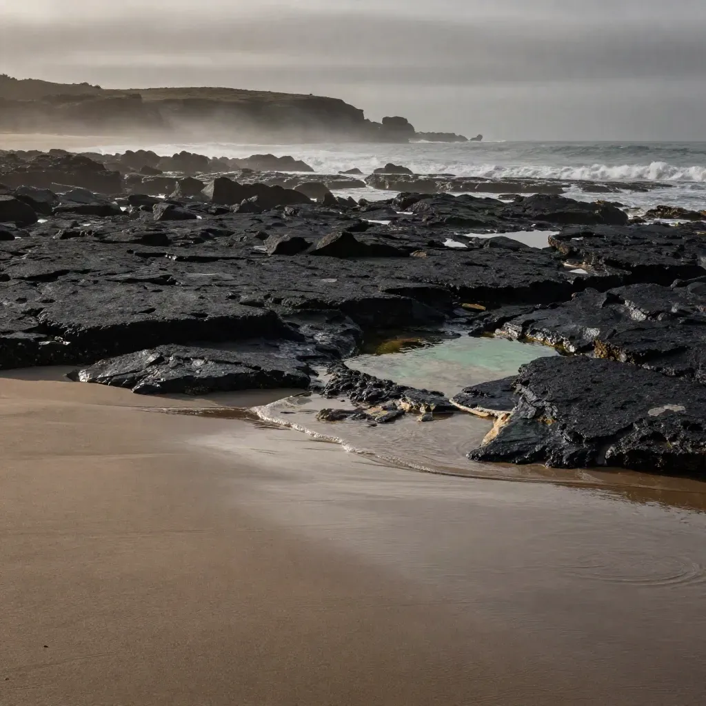 Misty basalt shore with tide pools, soft haze, and a distant ridge above calm open foreground.