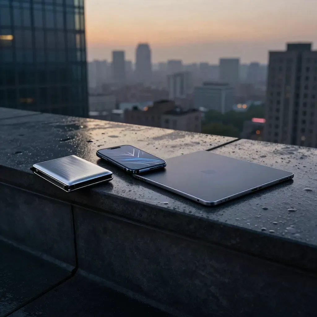 Rain-slick rooftop overlook with crypto devices and a glowing city horizon at blue hour