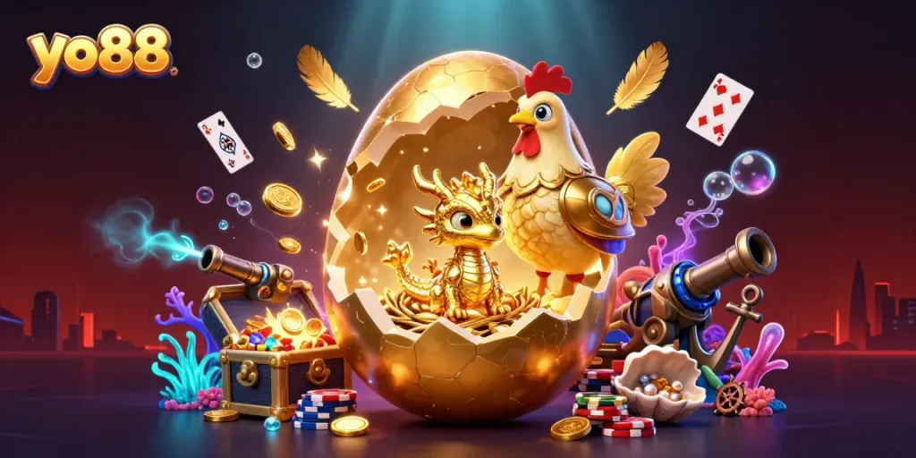 Experience the thrilling world of yo88 with a golden dragon and poker chips surrounded by rich casino elements.